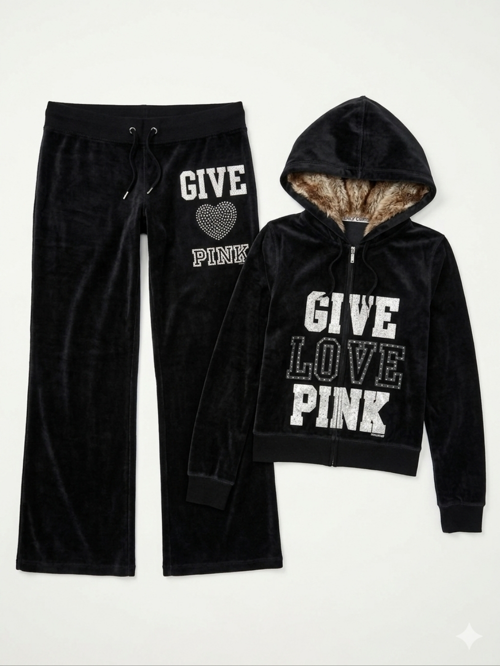 VS PINK Black Velour Tracksuit Set S Bling Rhinestone Faux Fur Hood LIKE NEW